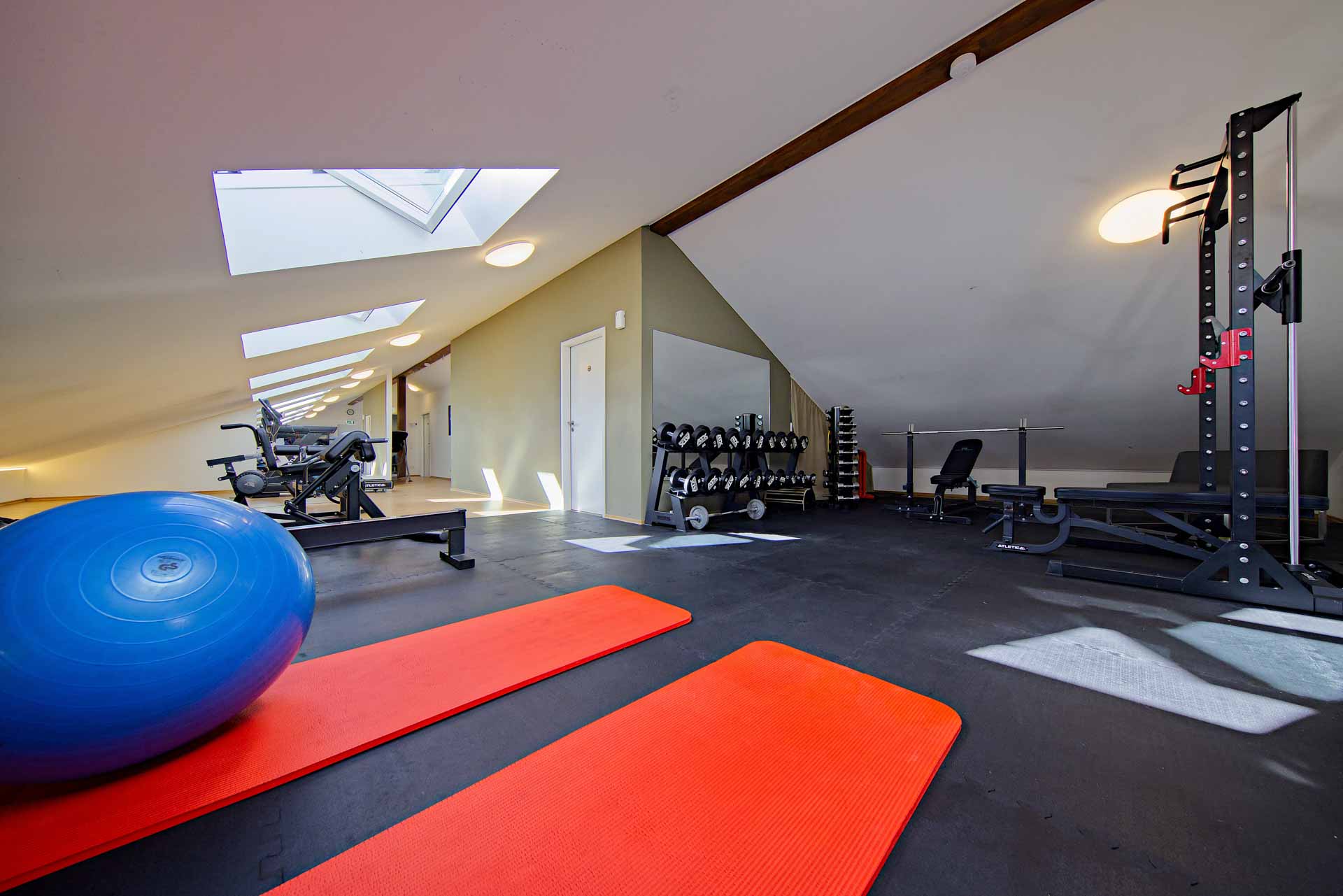 Blick in unseren Fitnessbereich mit Geräten und Freihantelbereich